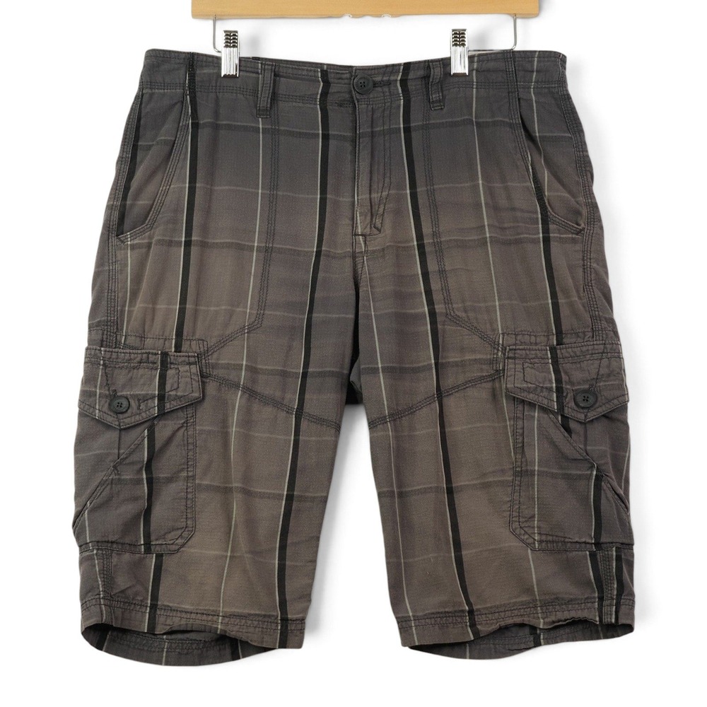 Y2K Mens 32 Gray Plaid Longline Cargo Shorts Skater Utility Urban Pipeline